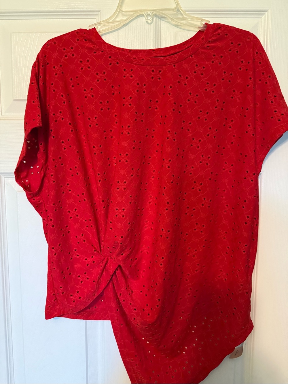 SHEIN Red Eyelet Knot-Front Short Sleeve Top